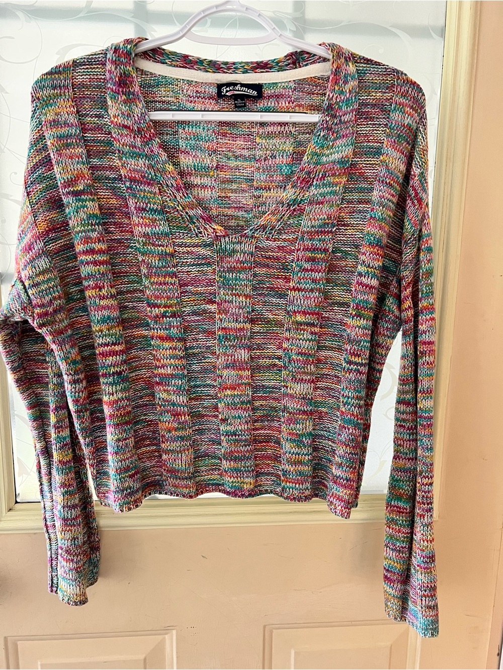 Freshman 1996 v neck multicolor long sleeve sweater with cropped silhouette.